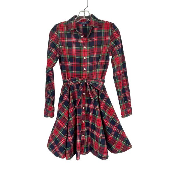 Ralph Lauren Girls Plaid Shirt Dress with Long Sleeves Size 14 EUC
